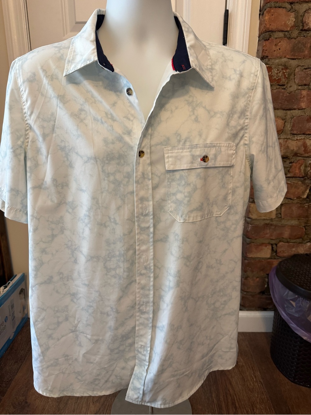 Avalanche Light Blue Marble-Print Short Sleeve Button-Down Shirt